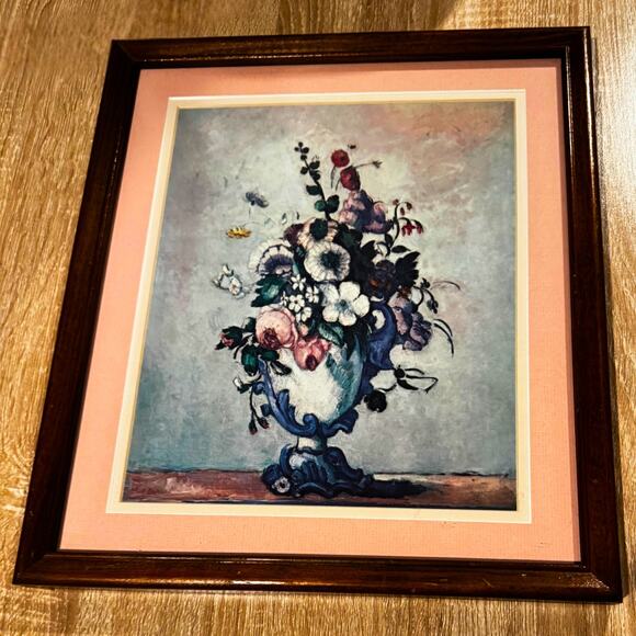 Vintage Floral Still Life Framed Art Print • Pastel Flowers in Urn • Pink Mat - Picture 3 of 7